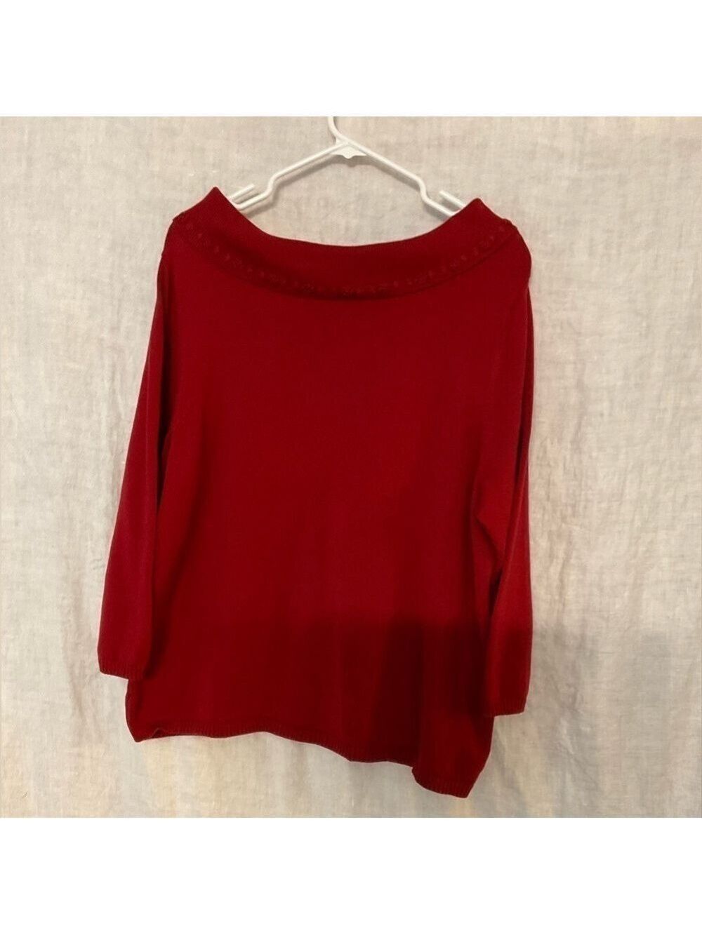 CJ Banks Red draping neckline pullover sweater with hand embroidery around neck